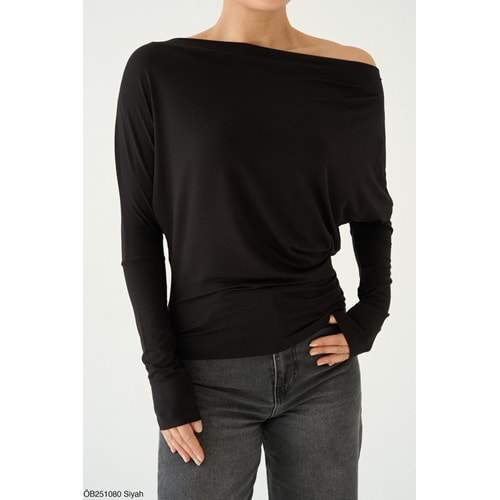 Düşük Omuz Viskon Bluz - SİYAH - L - ST00635-SİYAH-L