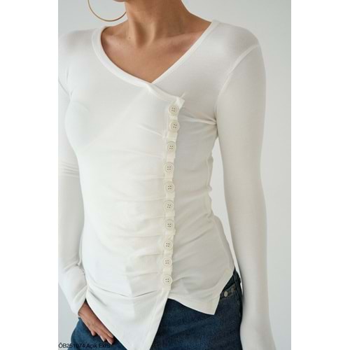 Asimetrik Kesim Yan Düğme Detaylı Tasarım Bluz - EKRU - S - ST00636-EKRU-S