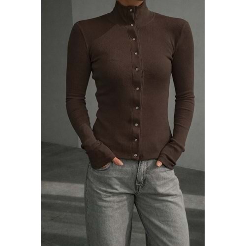 Çıtçıt Kapamalı Boğazlı Kaşkorse Bluz - KAHVERENGİ - S - ST00637-KAHVERENGİ-S
