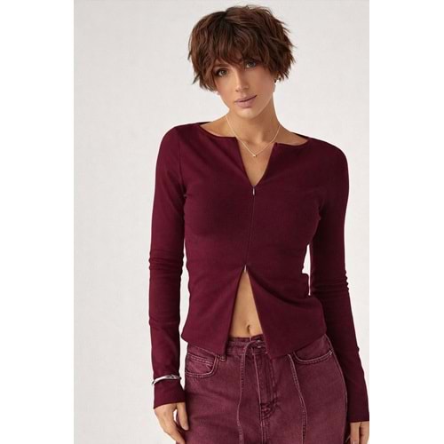 Bordo Renk Çift Yön Fermuar Detaylı Tasarım Bluz - BORDO - L - ST00642-BORDO-L