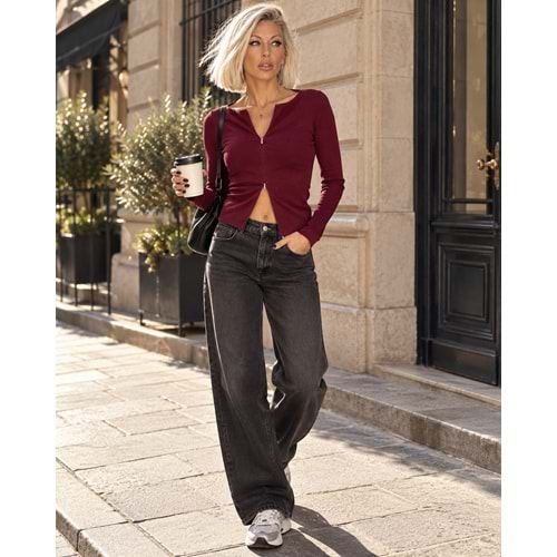 Bordo Renk Çift Yön Fermuar Detaylı Tasarım Bluz - BORDO - L - ST00642-BORDO-L