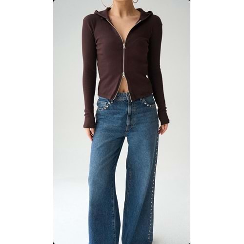 Kapüşonlu Çift Yön Fermuar Detaylı Bluz - İnce Hırka - KAHVERENGİ - L - ST00644-KAHVERENGİ-L