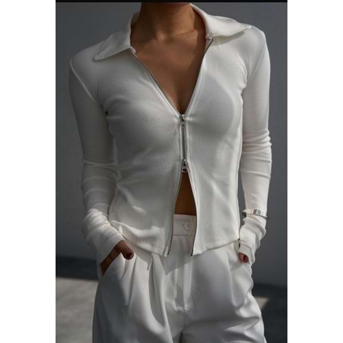 Fermuarlı Polo Yaka Ekru Renk Hırka - EKRU - L - ST00645-EKRU-L