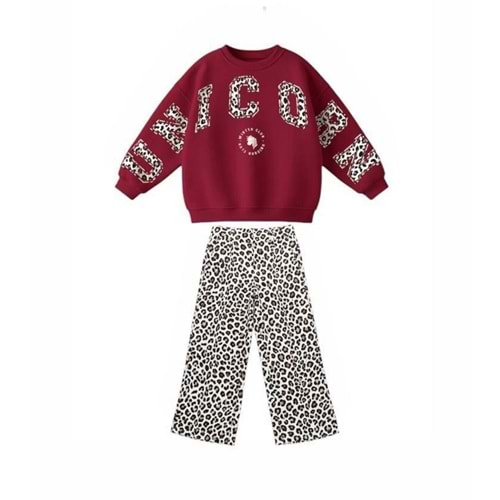 Kız Çocuk Bordo - Leopar Baskı Desen 3 İplik Alt Üst Takım