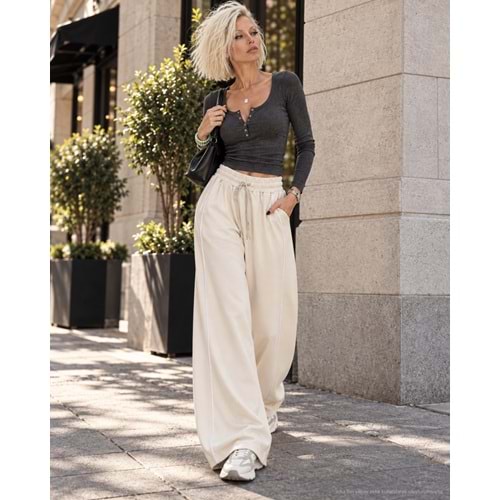 Ekru Renk Beyaz Şerit Biyeli Palazzo Oversize Pantolon - EKRU - L - ST00660-13618