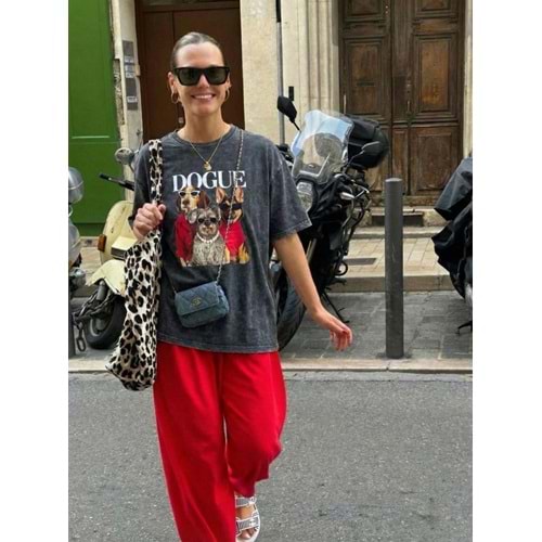 Yıkamalı Antrasit Renk Dogue! Baskılı T-Shirt Standart Beden