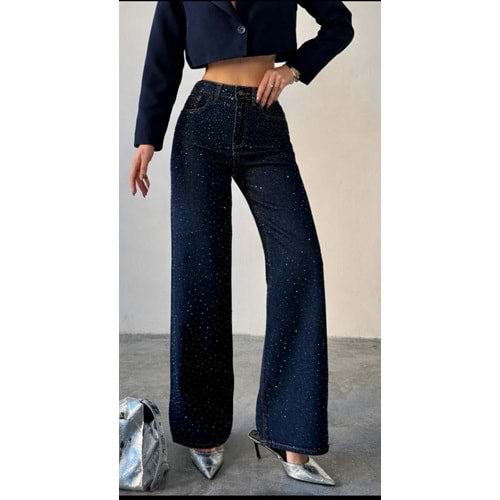 Lacivert Partılı Taş Kaplamalı Tasarım Kot Pantolon - LACİVERT - 34 - ST00675-LACİVERT-34