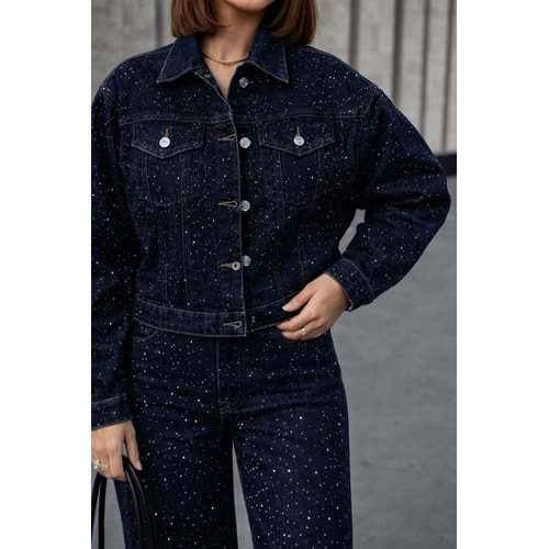 Taşlı Parıltı Detaylı Party! Tasarım Kot Ceket - LACİVERT - L - ST00676-LACİVERT-L