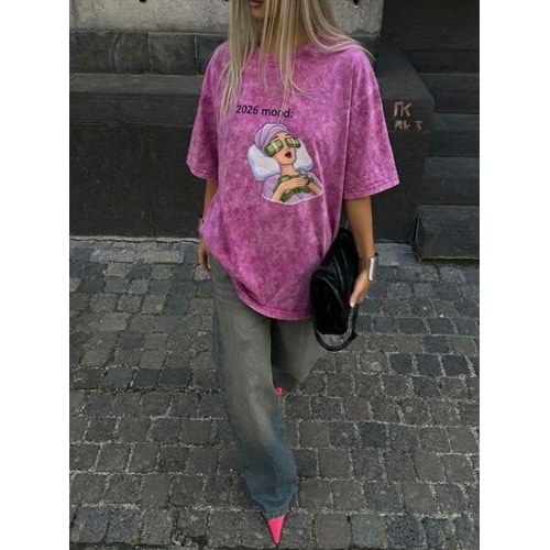 2026 Mood Manifest Tasarım Yıkamalı Pembe T-Shirt