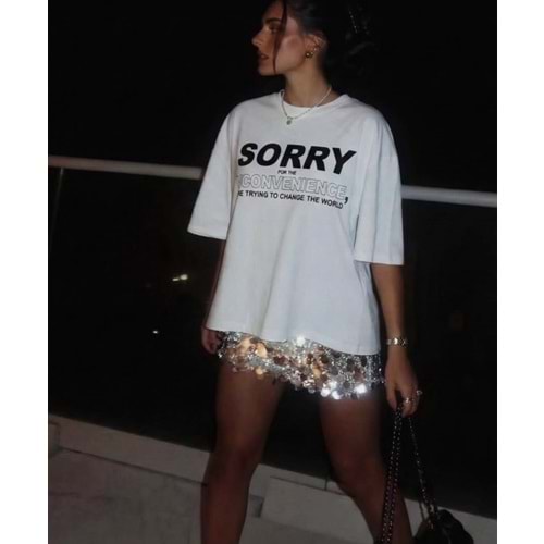 Slogan Yazı Baskılı Sorry ! T-Shirt Ekru Renk