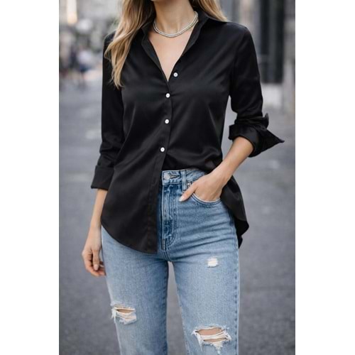 Kadın Giyim Siyah Renk Saten Gömlek - L