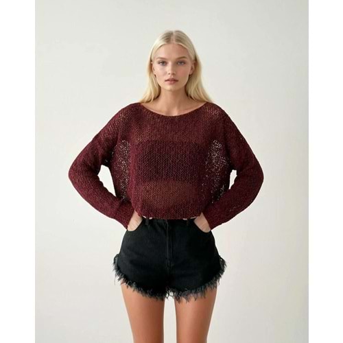 Ajur Örgü Mevsimlik Triko Kazak Düşük Omuz - BORDO