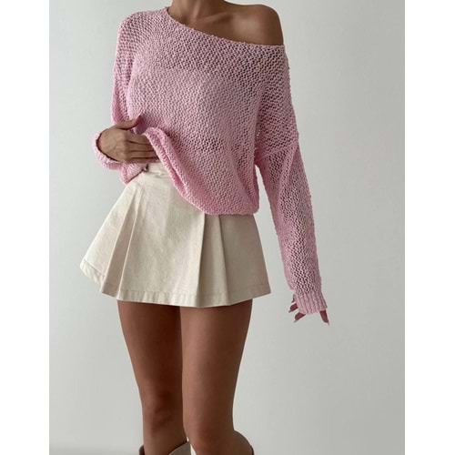 Ajur Örgü Mevsimlik Triko Kazak Düşük Omuz - PEMBE