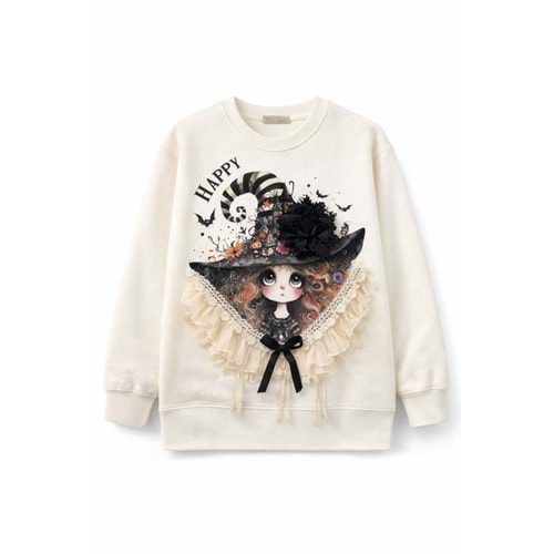 Kız Çocuk 3D Aplikeli Baskılı Sweatshirt - EKRU - 10 YAŞ
