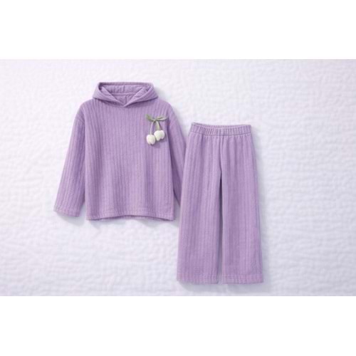 Lila Renk Çiçek Aplikeli Örme Triko Alt Üst Takım - MOR - 7 YAŞ
