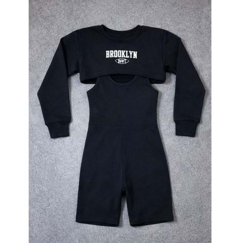Kız Çocuk Brookln Baskılı Crop Sweatshirt Penye Tulum Spor Takım - SİYAH - 10-11 YAŞ