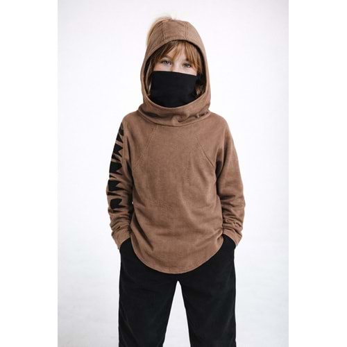 Ninja Tarz Boğazlı Görünüm Kapüşonlu Sweatshirt - KAHVERENGİ - 10-11 YAŞ
