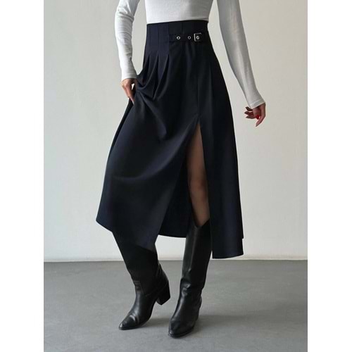 Kadın Giyim Yüksek Bel Toka Kemerli Pilise Yırtmaç Detay Etek - SİYAH - L