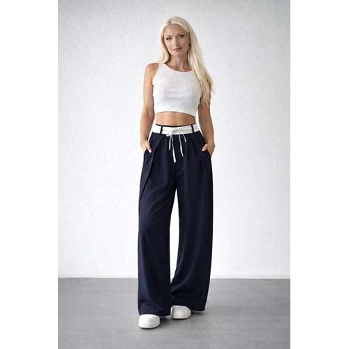 Bel Detaylı Tasarım Palazzo Pantolon - LACİVERT - L