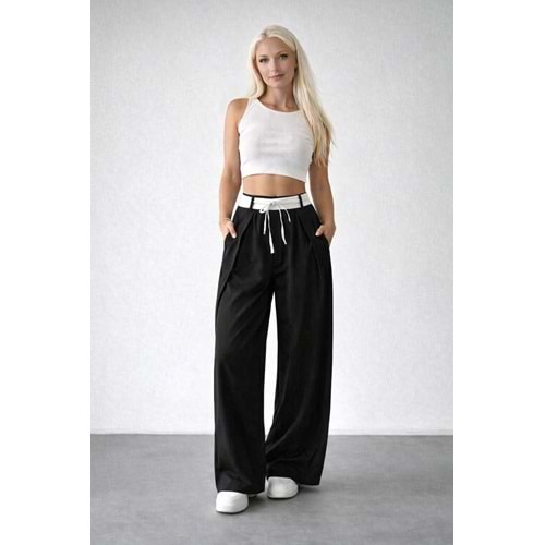 Bel Detaylı Tasarım Palazzo Pantolon - SİYAH - M