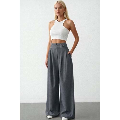 Yeni Sezon Geniş Paça Gri Renk Toka Detaylı Kumaş Palazzo Pantolon - GRİ - M