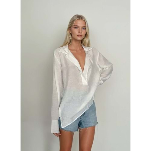 Yeni Sezon Ekru REnk Yaka ve Kol Manşet Detay Transparan Gömlek - EKRU - L