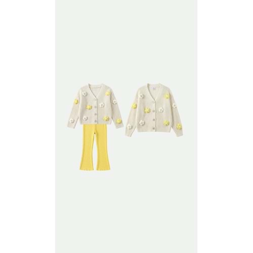 Yeni Sezon Kız Çocuk Çiçek Aplikeli Triko Alt Üst Takım - 2-3 YAŞ