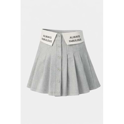 Kız Çocuk Bel Katlama Slogan Detaylı Düğmeli Gri Renk Etek - 3-4 YAŞ