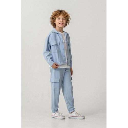 Erkek Çocuk Mavi Renk Kargo Cepli Dokuma 3 Parçalı Pantolon Ceket Takım - 3-4 YAŞ