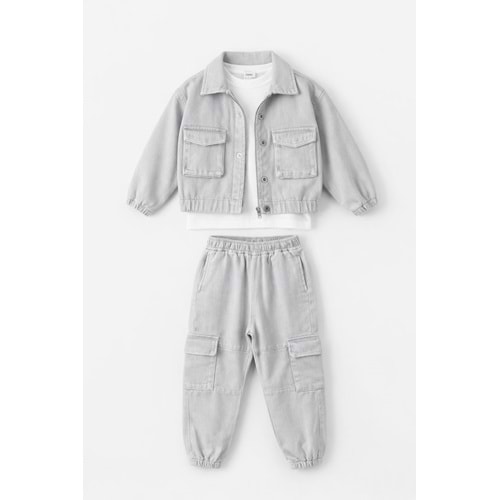 Erkek Çocuk Körük Cepli Kot Denim Alt Üst Takım 3 Parçalı Set - 3-4 YAŞ