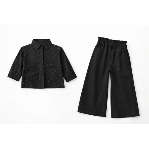 Kız Çocuk Siyah Renk Taşlı Gömlek Ispanyol Paça Pantolon Takım - 3-4 YAŞ