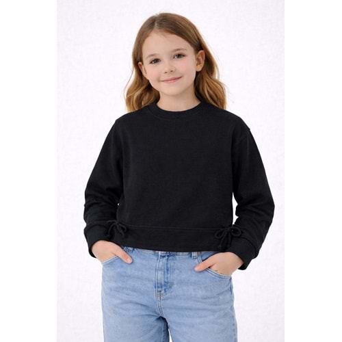 Yeni Sezon Kız Çocuk Bel Bağcık Detaylı Crop Sweatshirt Siyah Renk - 10 YAŞ