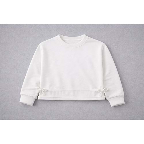Yeni Sezon Kız Çocuk Bel Bağcık Detaylı Crop Sweatshirt Ekru Renk - 10 YAŞ