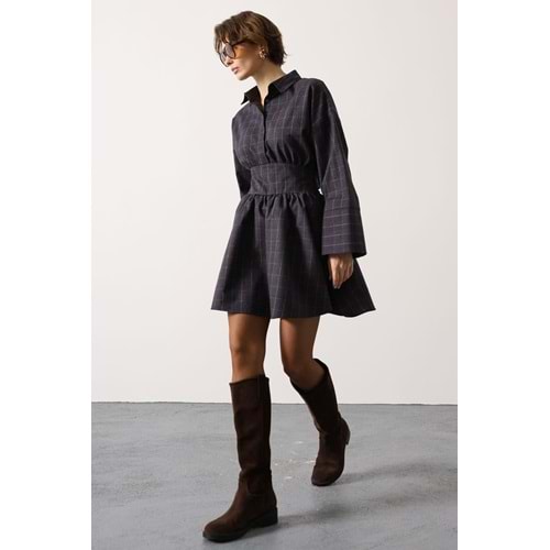 Kadın Lacivert - Kahve Manşet Kuşak Bağlama Detaylı Dokuma Elbise - S