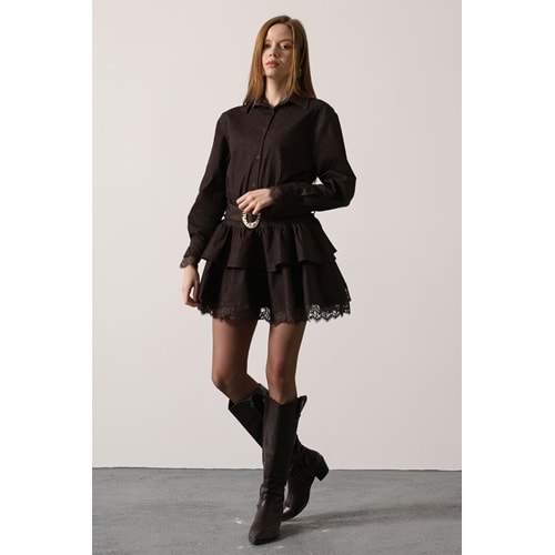 Kadın Dantel - Gold Kemer Detaylı Kat Kat Mini Dokuma Tasarım Elbise - L