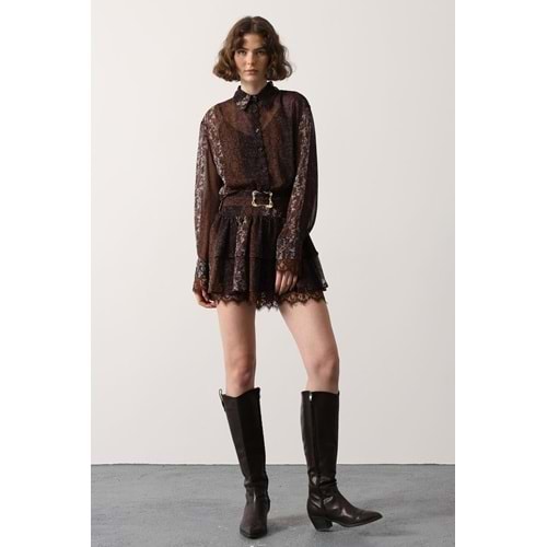 Kadın Dantel Detaylı Desenli Şifon Elbise -Toka Kemer Detay - L