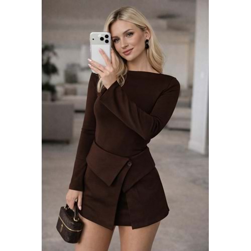 KahveRengi Parça Detay Süper Mini Elbise - L
