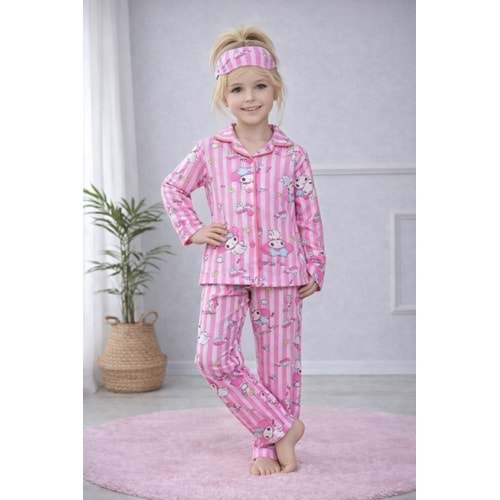 Kız Çocuk Pembe Renk Desenli - Çizgili Pijama Takımı - PEMBE - 11-12 YAŞ