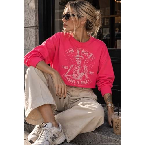 Yıkamalı Pembe KuruKafa Baskılı Taş Detaylı Sweatshirt - PEMBE - STANDART