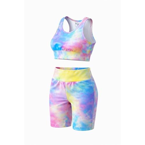 Yeni Sezon Kız Çocuk Çok Renkli Crop Üst Kısa Tayt 2 li Alt Üst Takım