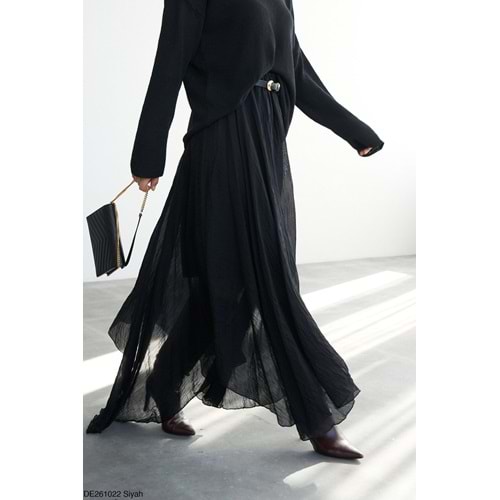 Yeni Sezon Asimetrik Kesim Siyah Etek - Uzun -Krep Kumaş - SİYAH - STANDART