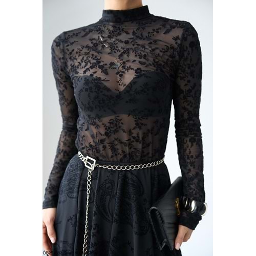 Yeni Sezon Transparan Mini Çiçek Desenli Bluz - SİYAH - L