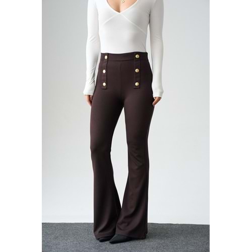 Bel Gold Düğme Detaylı Interlok İspanyol Paça Pantolon - KAHVERENGİ - L