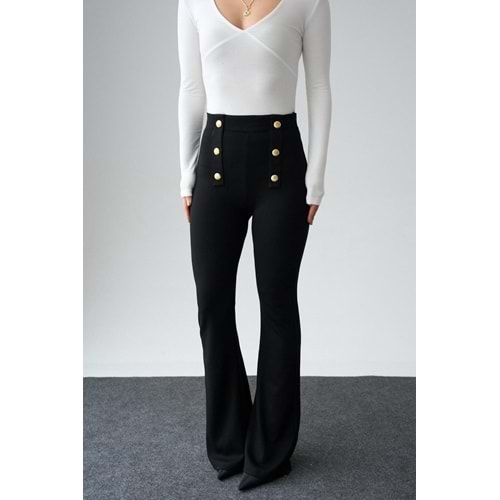 Bel Gold Düğme Detaylı Interlok İspanyol Paça Pantolon - SİYAH - L