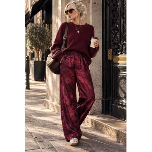 Saten Kumaş Paça Lastikli Şalvar Pantolon Premium Kalite - BORDO - L