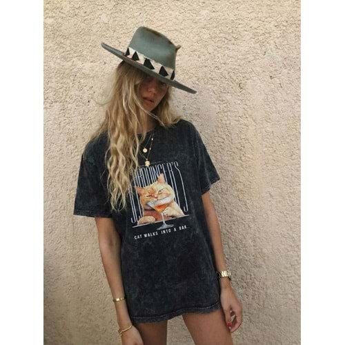 Cat Walks Kedi Baskılıo Yıkamalı Oversize T-Shirt