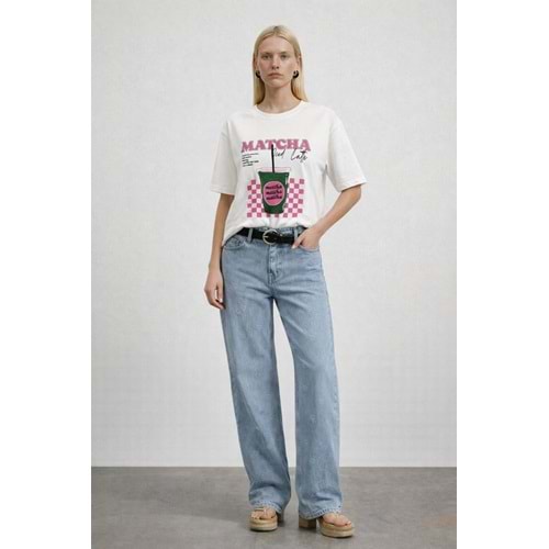 Yeni Sezon Beyaz Renk Matcha Çay Baskı Detaylı Tasarım T-Shirt - EKRU - L