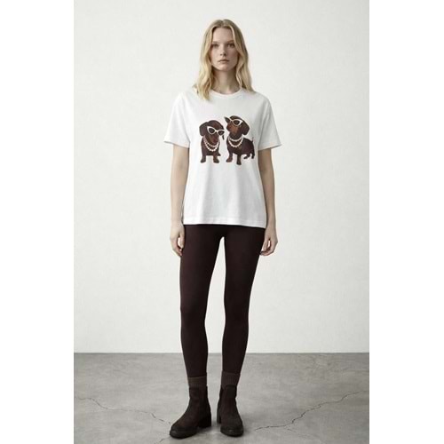 Yeni Sezon Vanilya Renk Lovely Puppies Baskılı Premium T-Shirt - TAŞ - S