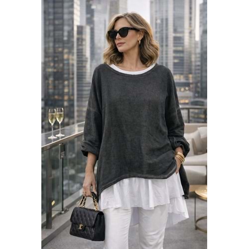 Premium Katmanlı Keten Oversize Bluz – Uzun İç T-Shirt 2 Parça - HAKİ - STANDART