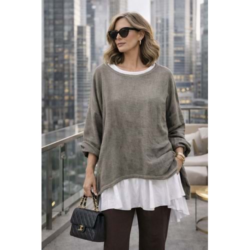 Premium Katmanlı Keten Oversize Bluz – Uzun İç T-Shirt 2 Parça - KAHVERENGİ - STANDART